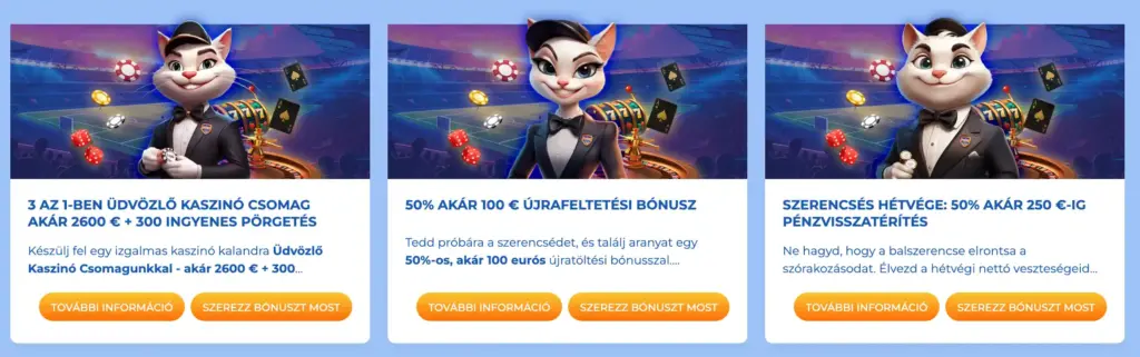 Három kaszinó bónuszajánlat egy játékos macska kabalával sportstadion háttérben, beleértve az üdvözlő bónuszt, az újratöltési bónuszt és a cashback ajánlatot.
