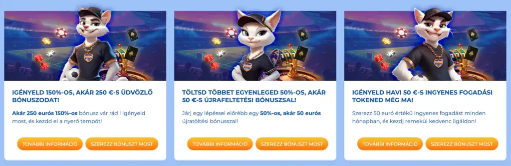 Kaszinó bónuszajánlatok egy játékos macska maszkottal egy sportstadionban, kiemelve a 150% üdvözlő bónuszt, újratöltési bónuszt és havi ingyenes fogadási zsetonokat.