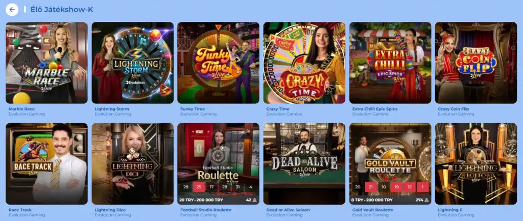 Az Evolution Gaming legjobb élő játékműsorainak listája a FeliceBet Kaszinóban.