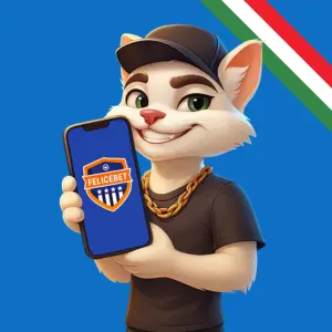 Egy stilizált macska karakter tart egy okostelefont, amelyen a FeliceBet logó látható.