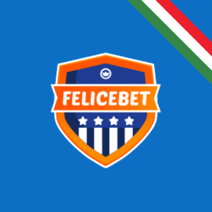 Felicebet logó kék háttérrel, csillagok a pajzsban és a magyar zászlóval.