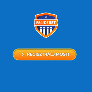 Narancssárga FeliceBet regisztrációs gomb „REGISZTRÁLJ MOST” felirattal kék háttérrel.