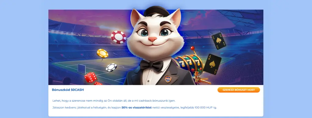 FeliceBet Casino hétvégi cashback bónusz fehér macska kabalával szmokingban – 50% visszatérítés a nettó veszteségekre, maximum 250 euróig.