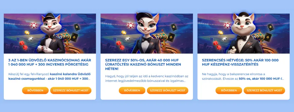 A FeliceBet Casino üdvözlő bónusza 3 az 1-ben csomagot kínál, amelynek értéke akár 2600 € is lehet, 300 ingyenes pörgetéssel, újratöltési bónuszokkal és hétvégi cashbackkel.