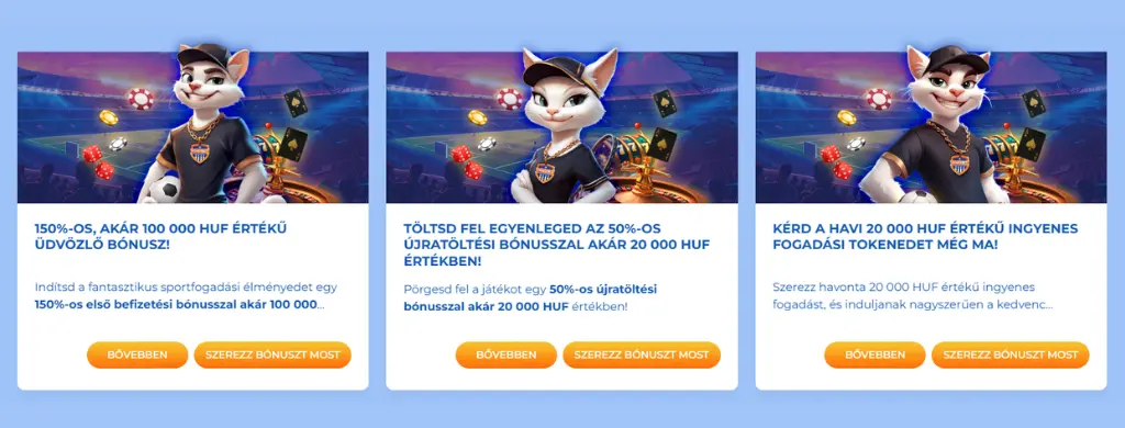 FeliceBet sportfogadási promóciók – üdvözlő bónusz akár 250 euróig, újratöltési bónusz akár 50 euróig és havi 50 euró értékű ingyenes fogadási tokenek.