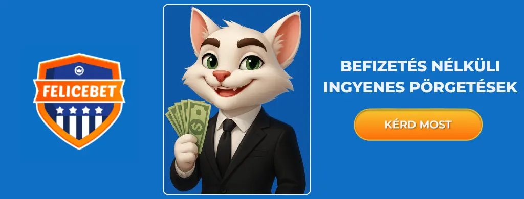 Felicebet karakter készpénzzel és egy „Most igényelje” gombbal.