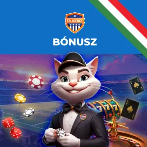 FeliceBet bónuszajánlat, amelyen egy szmokingos macska kabalafigura kaszinó zsetonokat tart a kezében, sport témájú háttérrel.